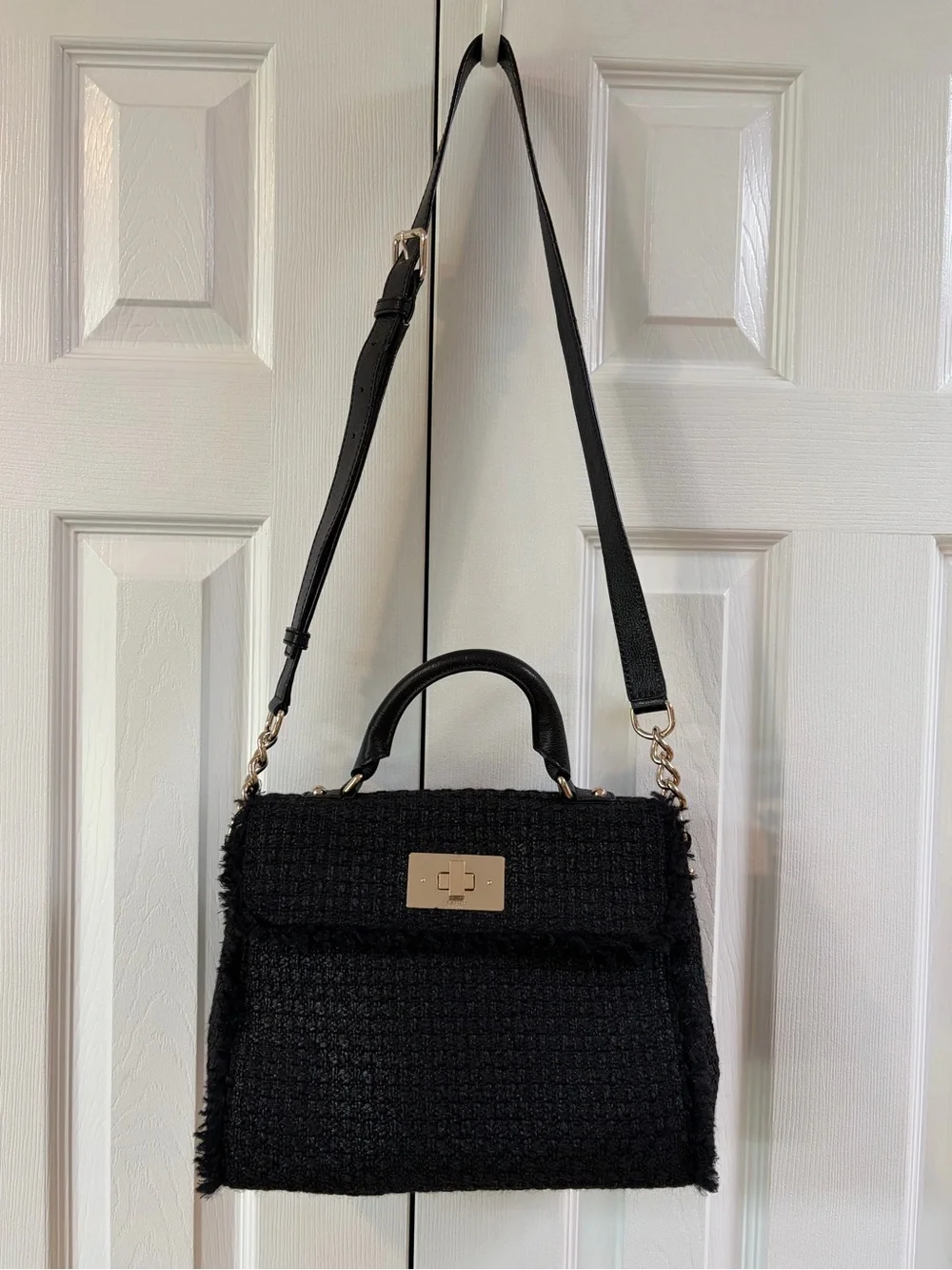 Kate Spade Nadine Black Wool Tweed Satchel with Gold Hardware